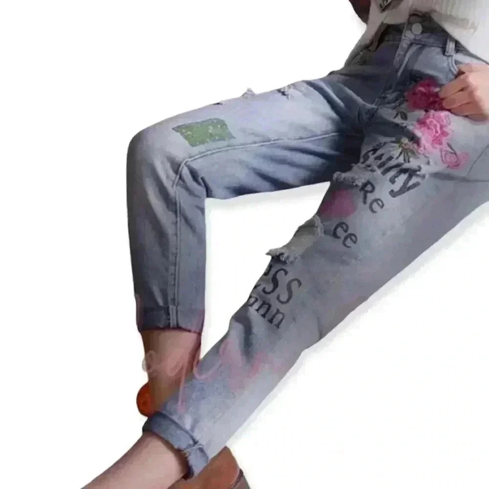 LAIERNA high rise skinny jeans distressed embellished women’s size 30